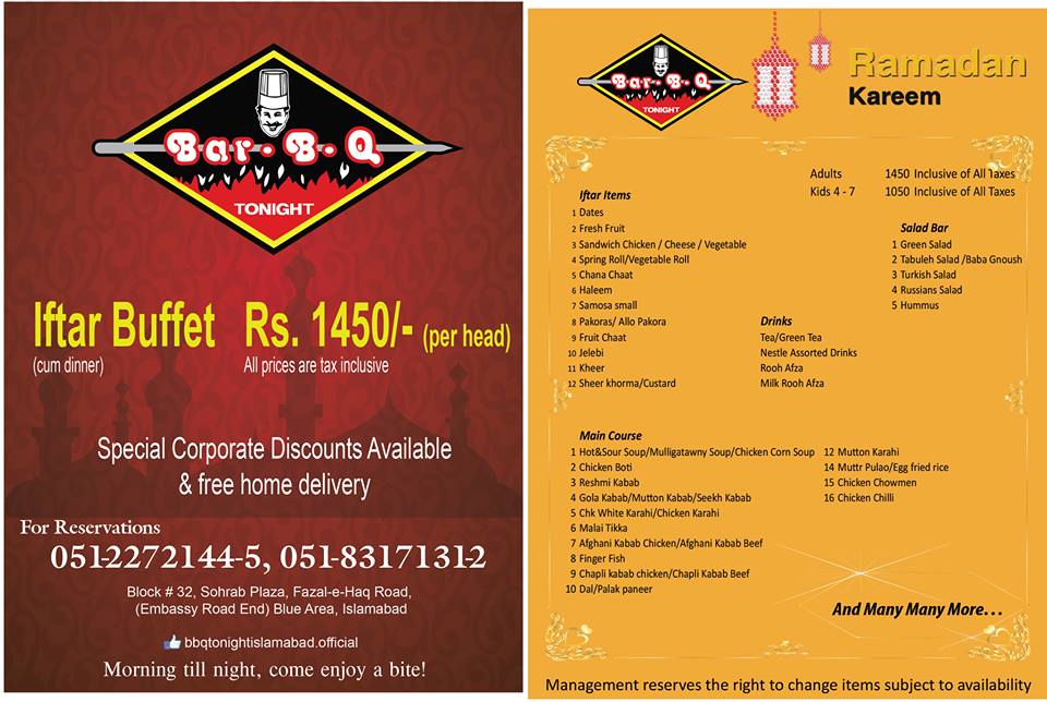 BarBQ Tonight Azadi Iftar Buffet Deals Price & Order Menu 2024 What's